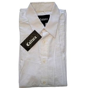 NEW Cultura White Pinstriped Collared Shirt Embroidered Paisley Size Large
